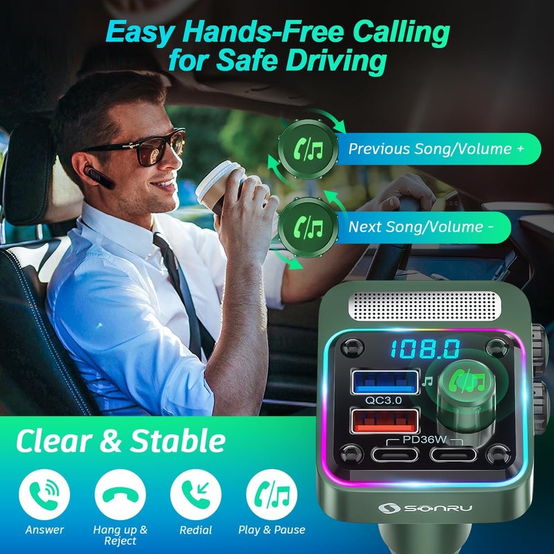 SONRU Bluetooth 5.3 FM Transmitter Car Adapter - Car Charger 54W [PD 36W & QC3.0 18W], Wireless FM Radio Transmitter [HiFi Treble & Bass Player], 5 Colors LED Backlit, Hands-Free Calling, U-Disk - Image 4
